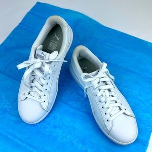Puma White Sneakers New. Size 8.5 Women’s. Silver Puma logos.